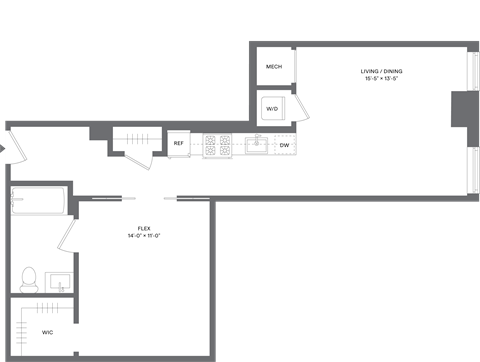 Floor plan for studio, 1 bath, 676 sqft